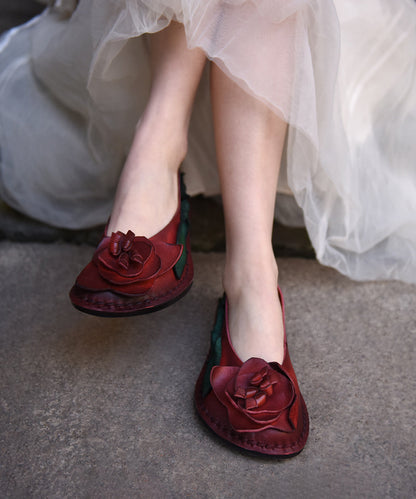 Handmade Retro Red Cowhide Leather Floral Splicing Flat Shoes