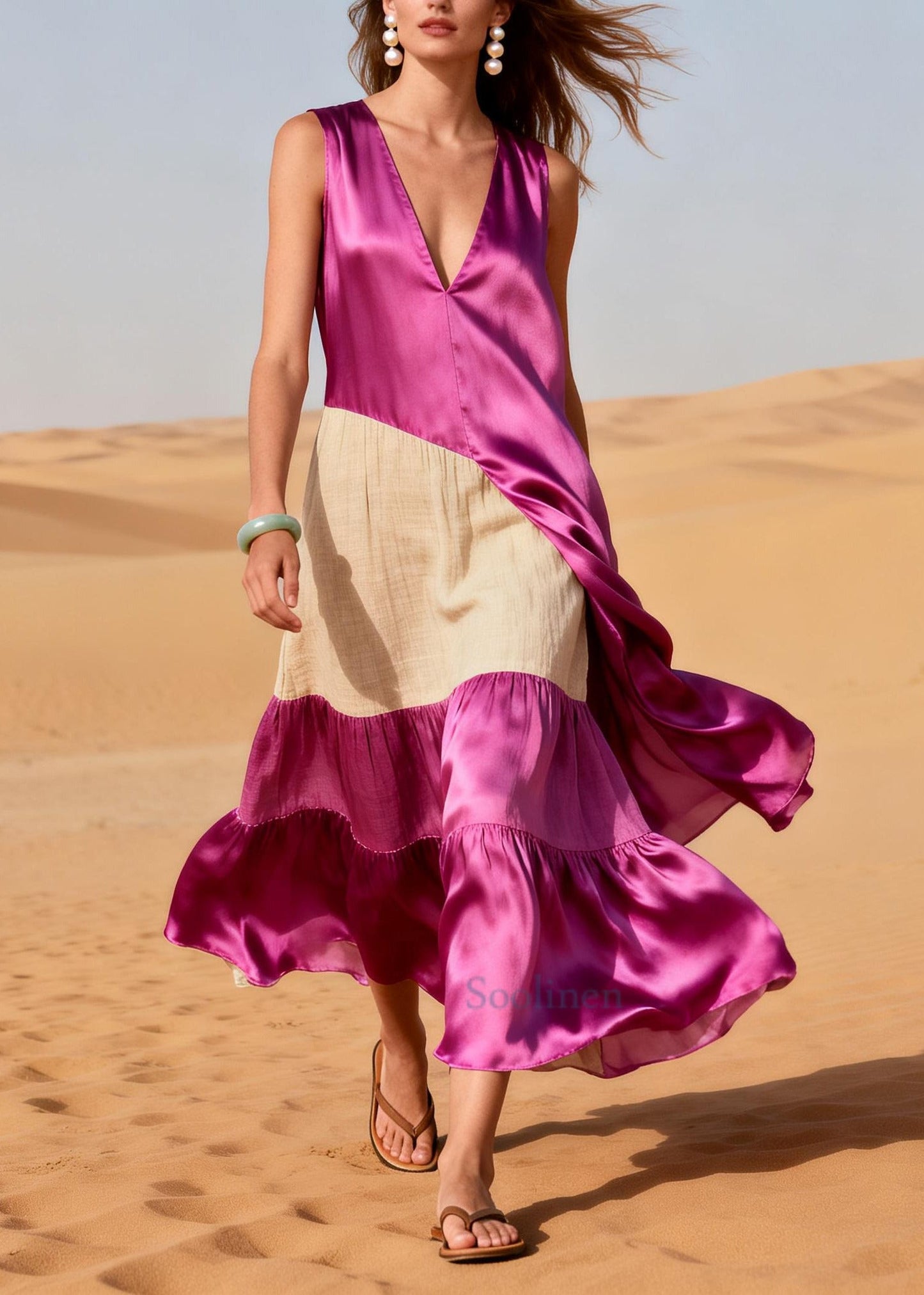 Handmade Rose Asymmetrical Patchwork Linen Silk Dresses Summer