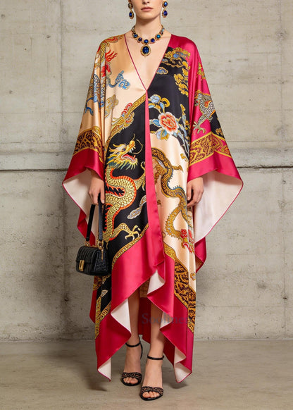 Handmade Rose Oversized Print Silk Vacation Dresses Summer