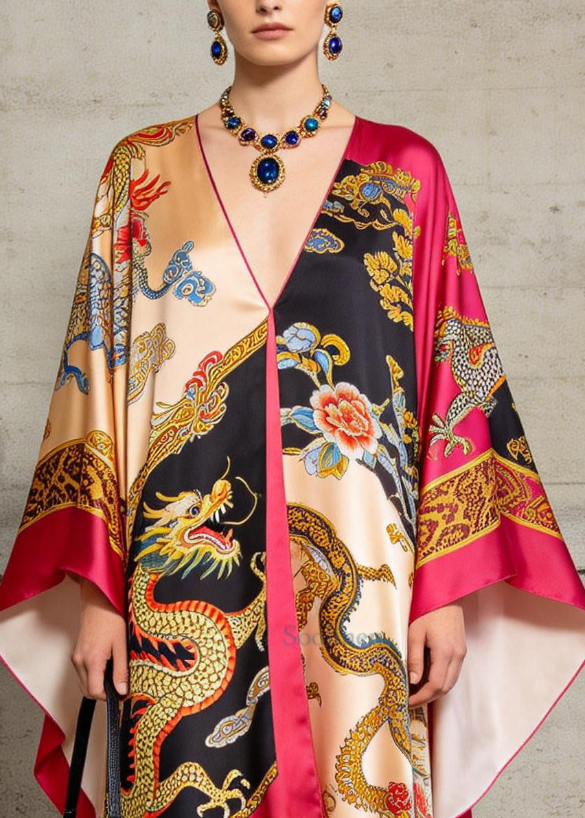 Handmade Rose Oversized Print Silk Vacation Dresses Summer