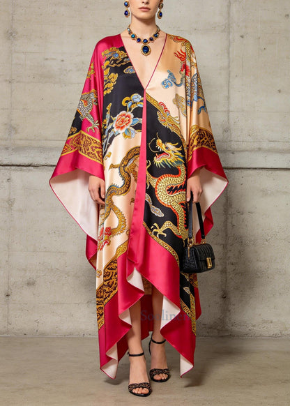 Handmade Rose Oversized Print Silk Vacation Dresses Summer