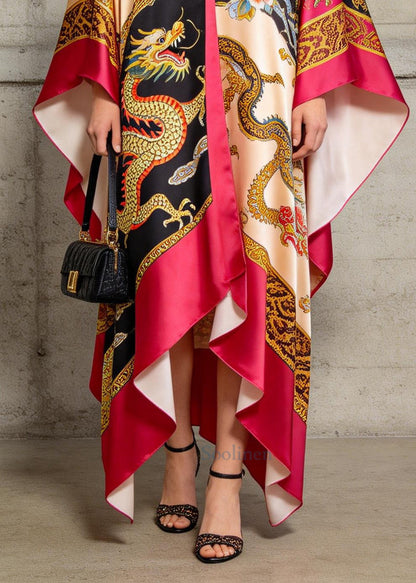 Handmade Rose Oversized Print Silk Vacation Dresses Summer