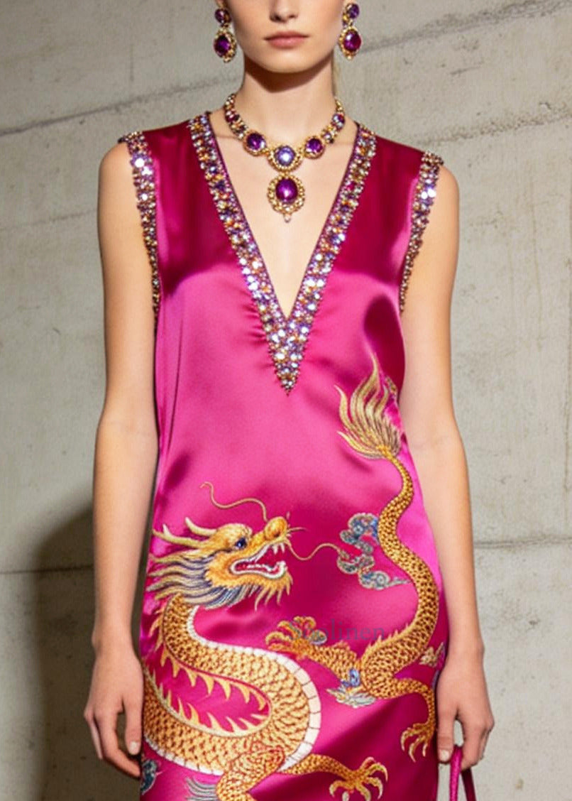 Handmade Rose Sequins Tasseled Print Silk Dresses Summer