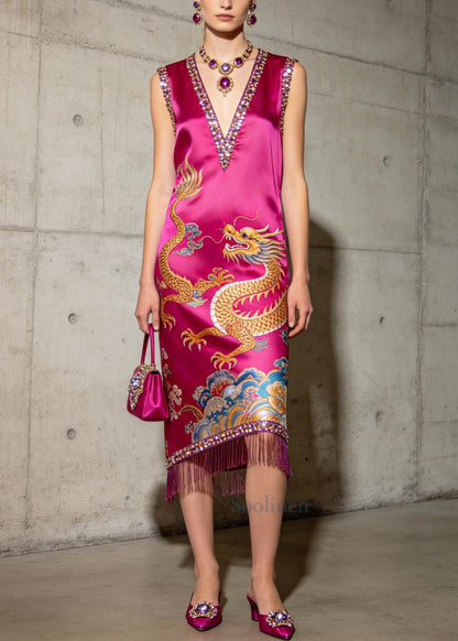 Handmade Rose Sequins Tasseled Print Silk Dresses Summer