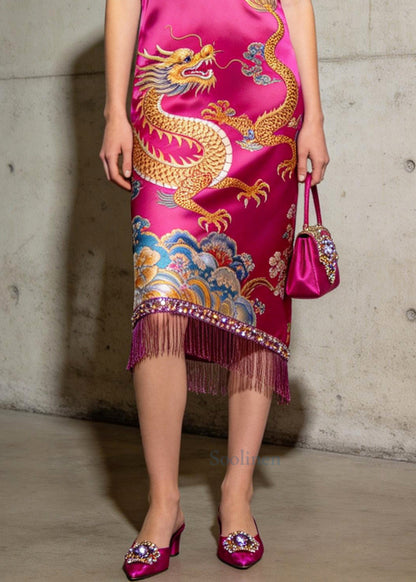 Handmade Rose Sequins Tasseled Print Silk Dresses Summer