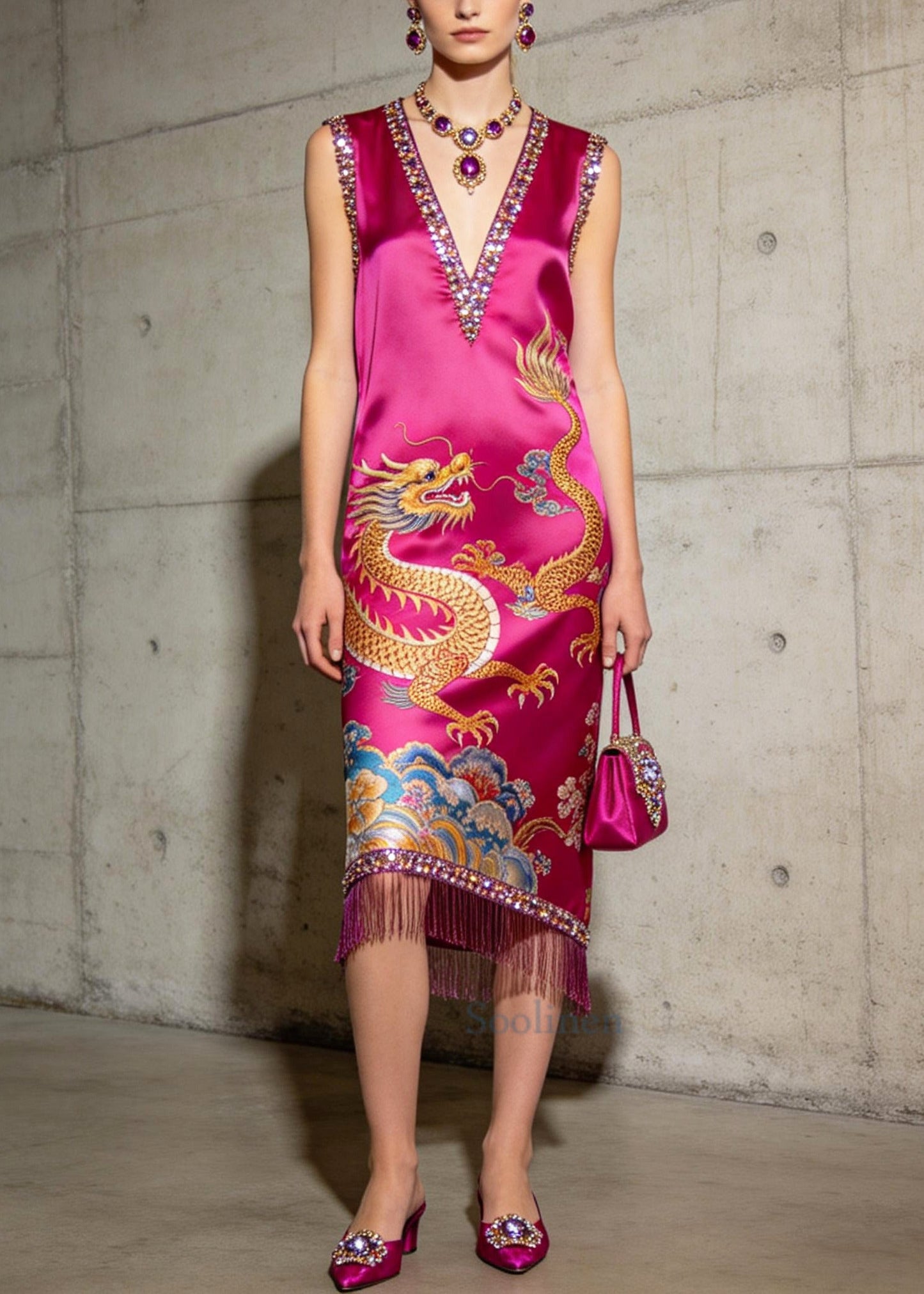 Handmade Rose Sequins Tasseled Print Silk Dresses Summer
