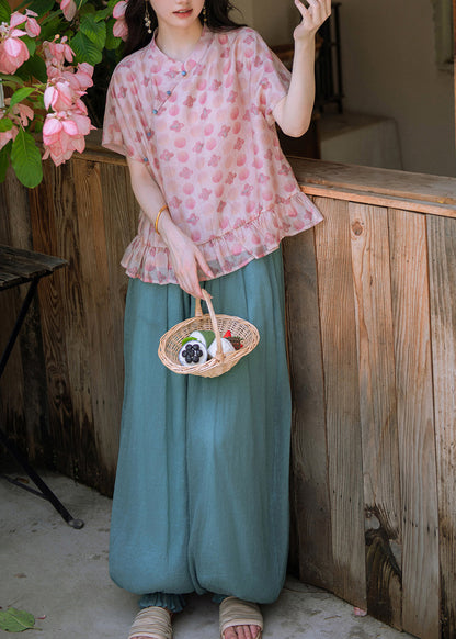 Handmade Ruffled Patchwork T Shirts And Lantern Pants Two Pieces Set Summer