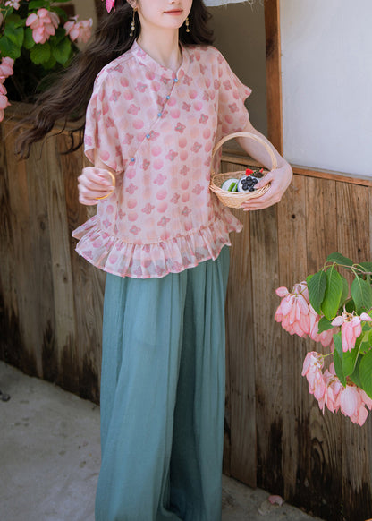 Handmade Ruffled Patchwork T Shirts And Lantern Pants Two Pieces Set Summer