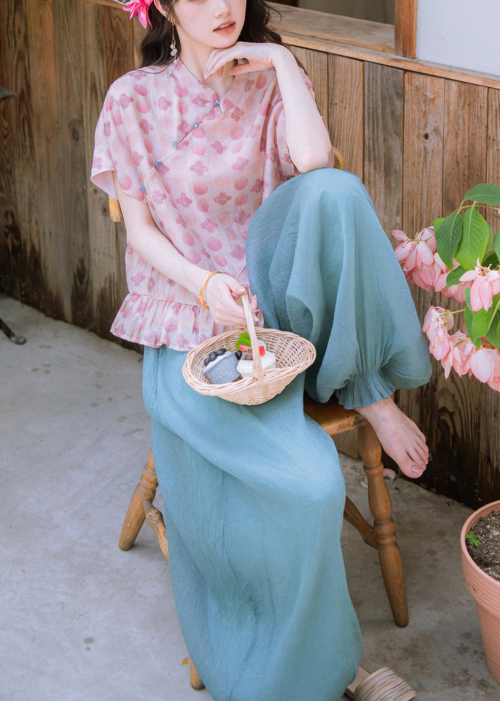 Handmade Ruffled Patchwork T Shirts And Lantern Pants Two Pieces Set Summer