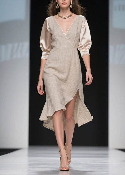 Handmade Side Open Asymmetrical Design Patchwork Linen Silk Dress Summer