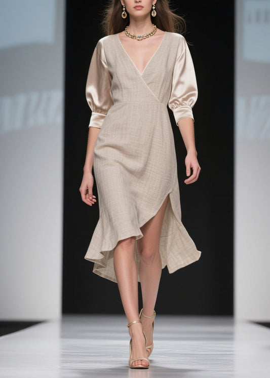 Handmade Side Open Asymmetrical Design Patchwork Linen Silk Dress Summer