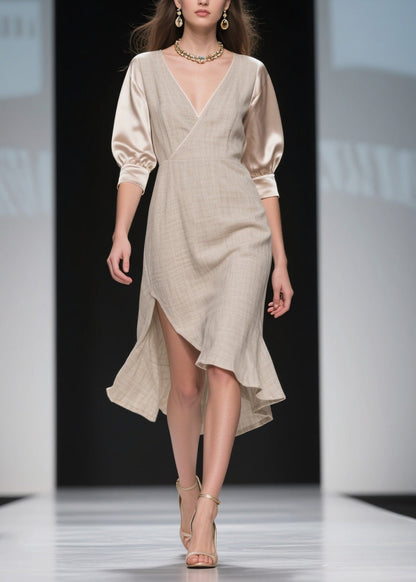 Handmade Side Open Asymmetrical Design Patchwork Linen Silk Dress Summer