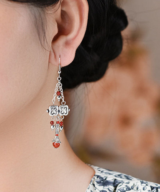 Pendientes colgantes de ágata de aleación de plata esterlina y seda hechos a mano