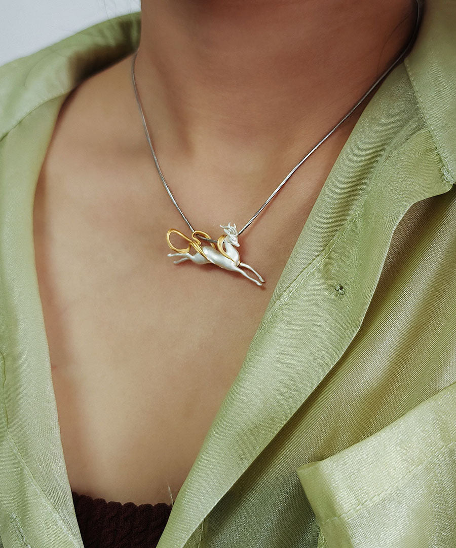 Handmade Silk Sterling Silver Nine-Colored Deer Pendant Necklace
