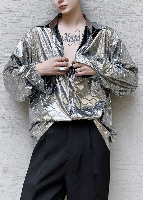 Handmade Silvery Oversized Plaid Men Casual Clothing Fall