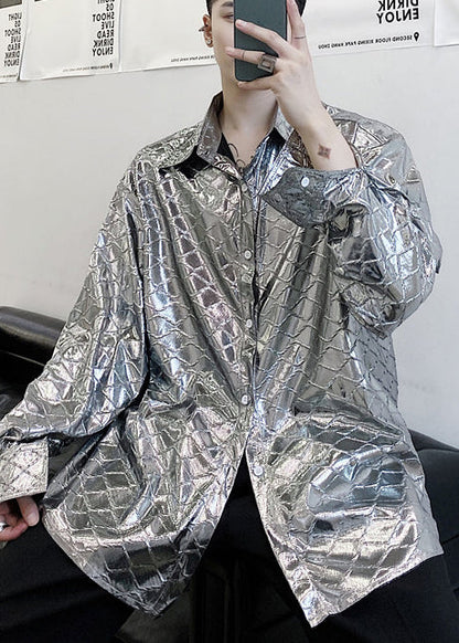 Handmade Silvery Oversized Plaid Men Casual Clothing Fall