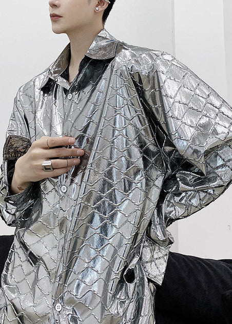 Handmade Silvery Oversized Plaid Men Casual Clothing Fall