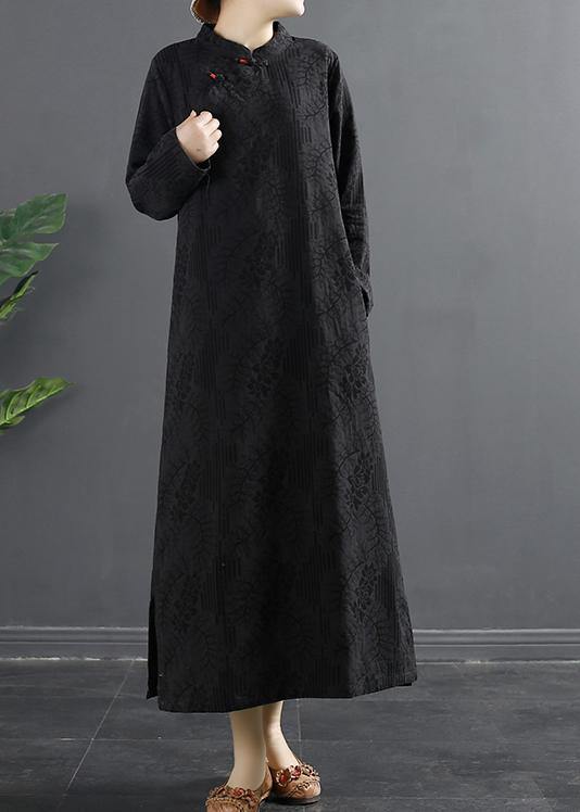 Handmade Stand Collar Quilting Dresses Shape Black Jacquard Traveling Dress - SooLinen