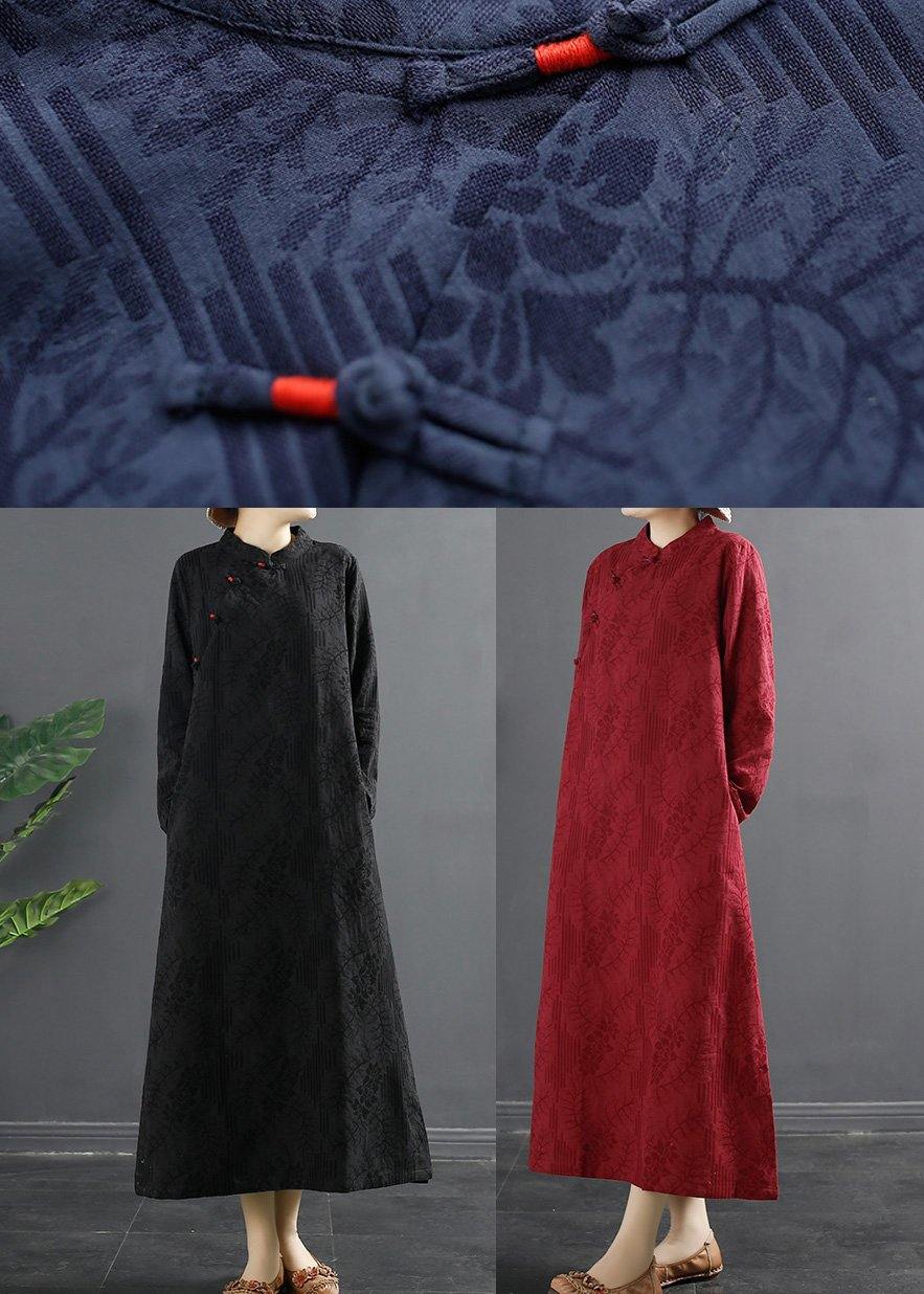 Handmade Stand Collar Quilting Dresses Shape Black Jacquard Traveling Dress - SooLinen