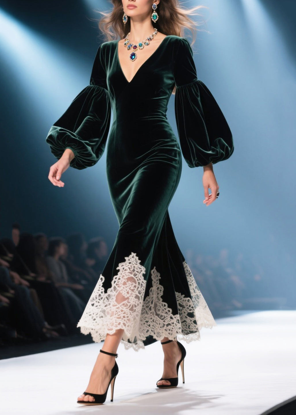 Vestidos cruzados de terciopelo de seda con encaje y retazos de cuello en V verde té hechos a mano para primavera