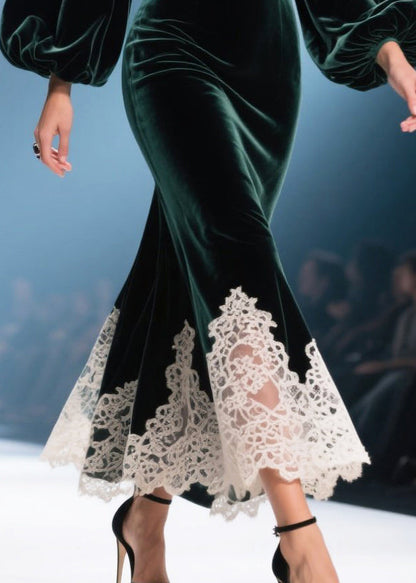 Vestidos cruzados de terciopelo de seda con encaje y retazos de cuello en V verde té hechos a mano para primavera