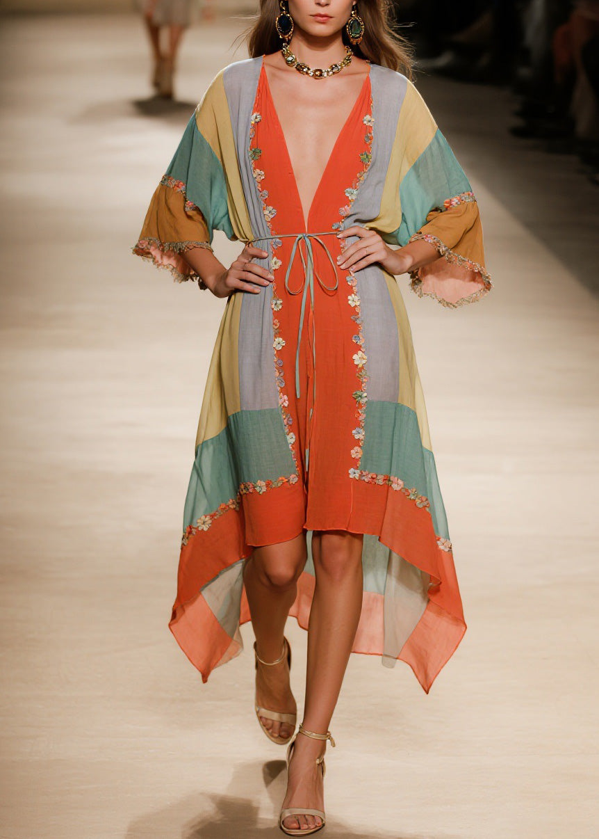 Handmade V Neck Asymmetrical Design Floral Cotton Dress Summer