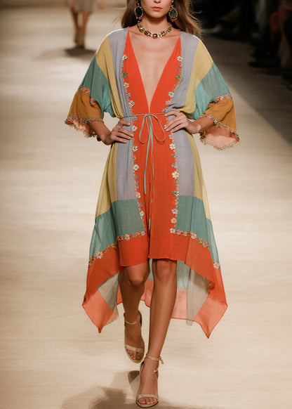 Handmade V Neck Asymmetrical Design Floral Cotton Dress Summer