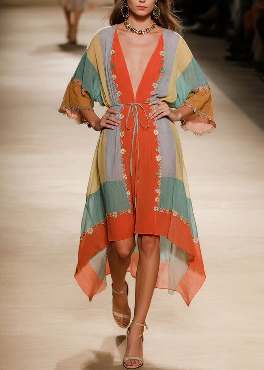 Handmade V Neck Asymmetrical Design Floral Cotton Dress Summer