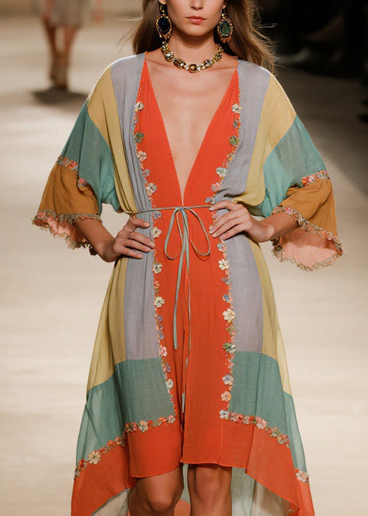 Handmade V Neck Asymmetrical Design Floral Cotton Dress Summer