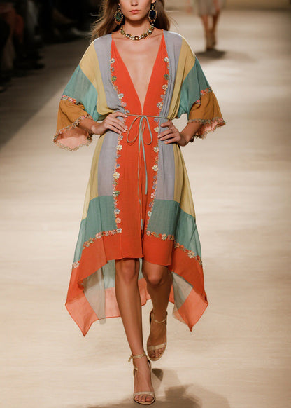 Handmade V Neck Asymmetrical Design Floral Cotton Dress Summer