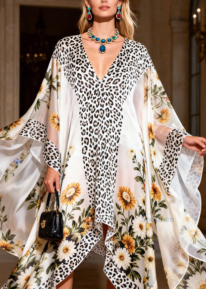 Handmade V Neck Asymmetrical Design Print Chiffon Maxi Dresses Summer
