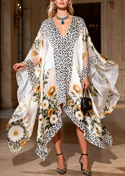 Handmade V Neck Asymmetrical Design Print Chiffon Maxi Dresses Summer