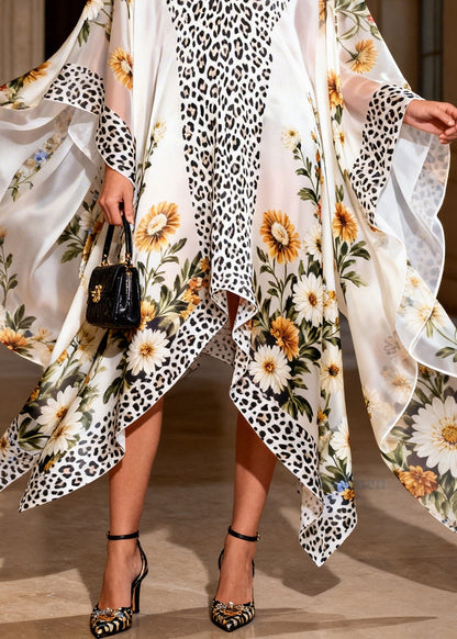 Handmade V Neck Asymmetrical Design Print Chiffon Maxi Dresses Summer