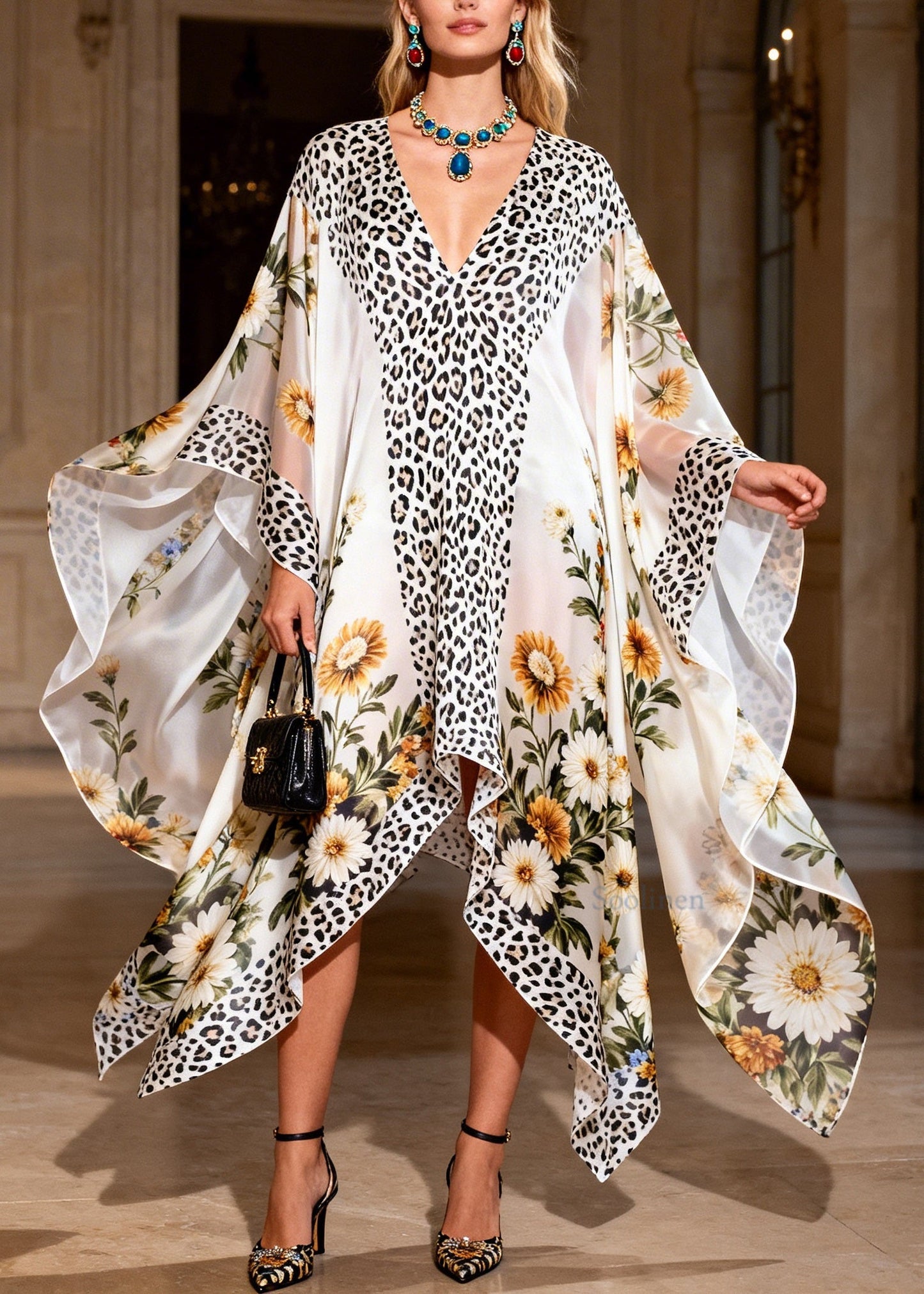Handmade V Neck Asymmetrical Design Print Chiffon Maxi Dresses Summer