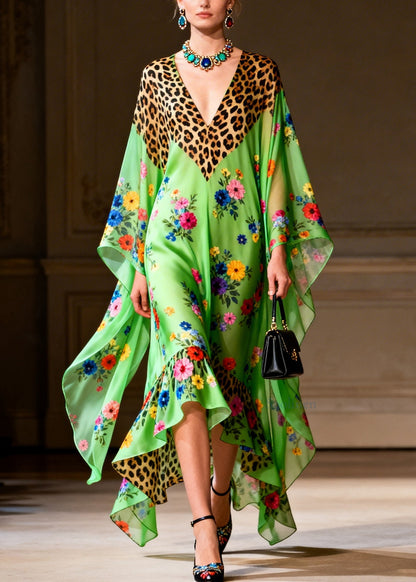 Handmade V Neck Print Patchwork Chiffon Dresses Summer