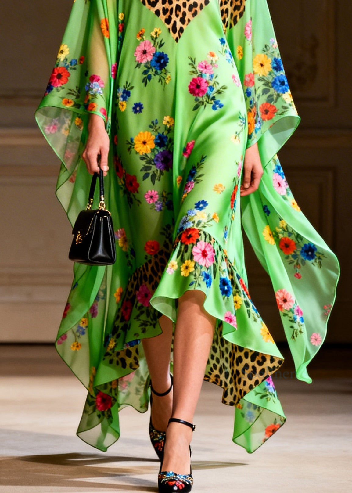 Handmade V Neck Print Patchwork Chiffon Dresses Summer