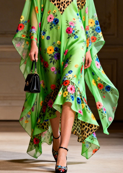 Handmade V Neck Print Patchwork Chiffon Dresses Summer