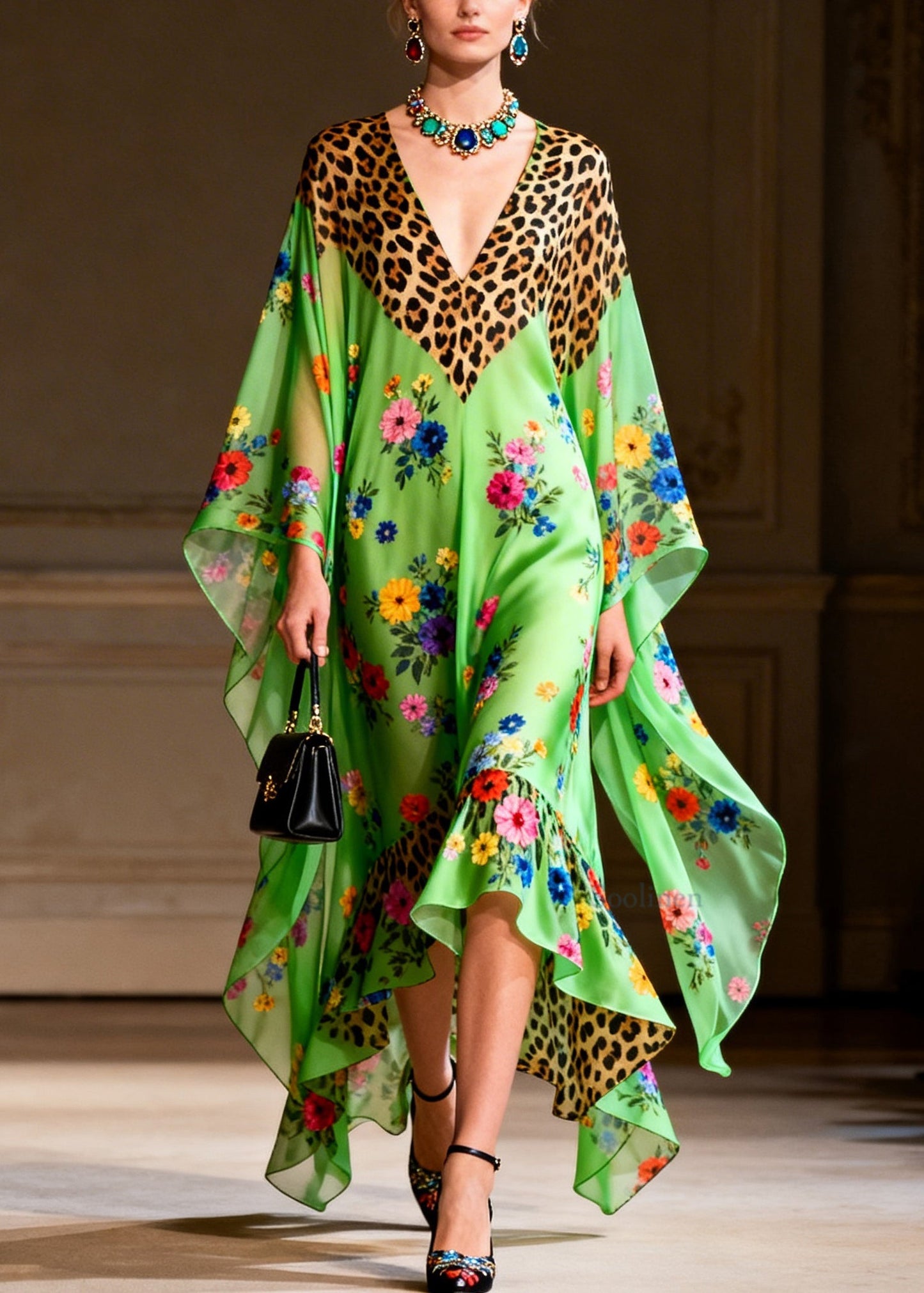 Handmade V Neck Print Patchwork Chiffon Dresses Summer
