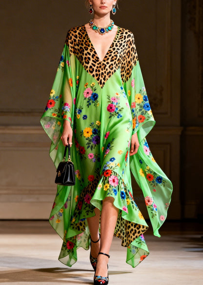 Handmade V Neck Print Patchwork Chiffon Dresses Summer