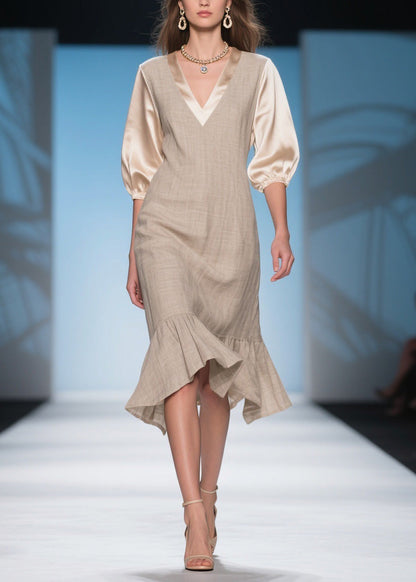 Handmade V Neck Ruffled Patchwork Linen Silk Dress Summer