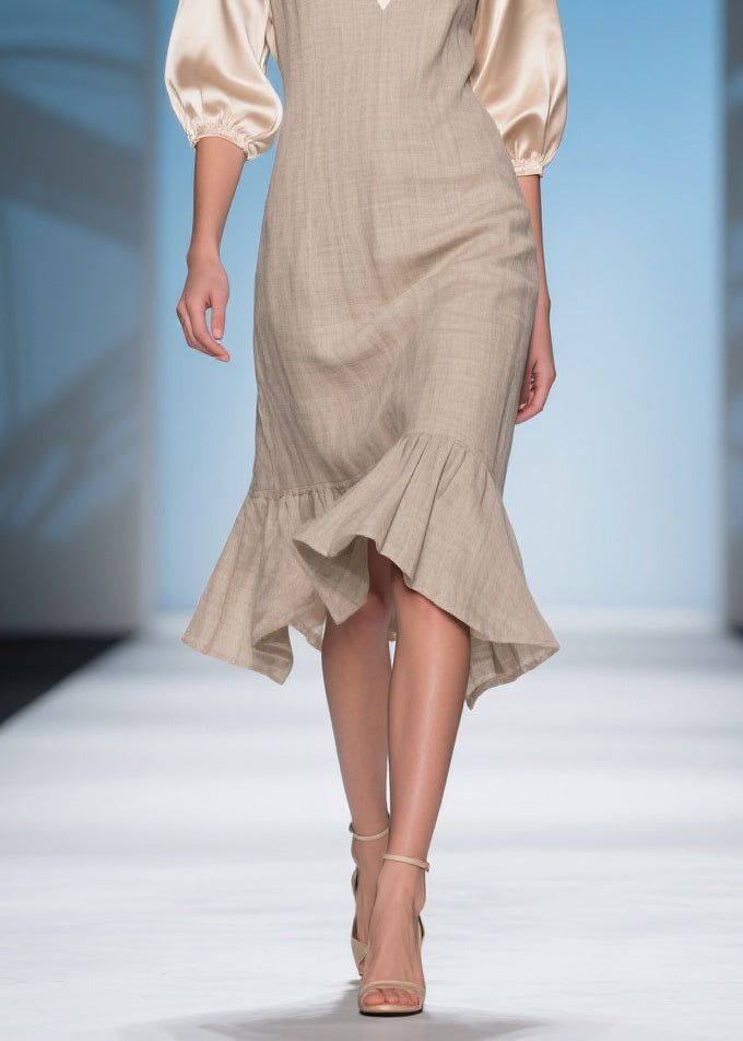 Handmade V Neck Ruffled Patchwork Linen Silk Dress Summer