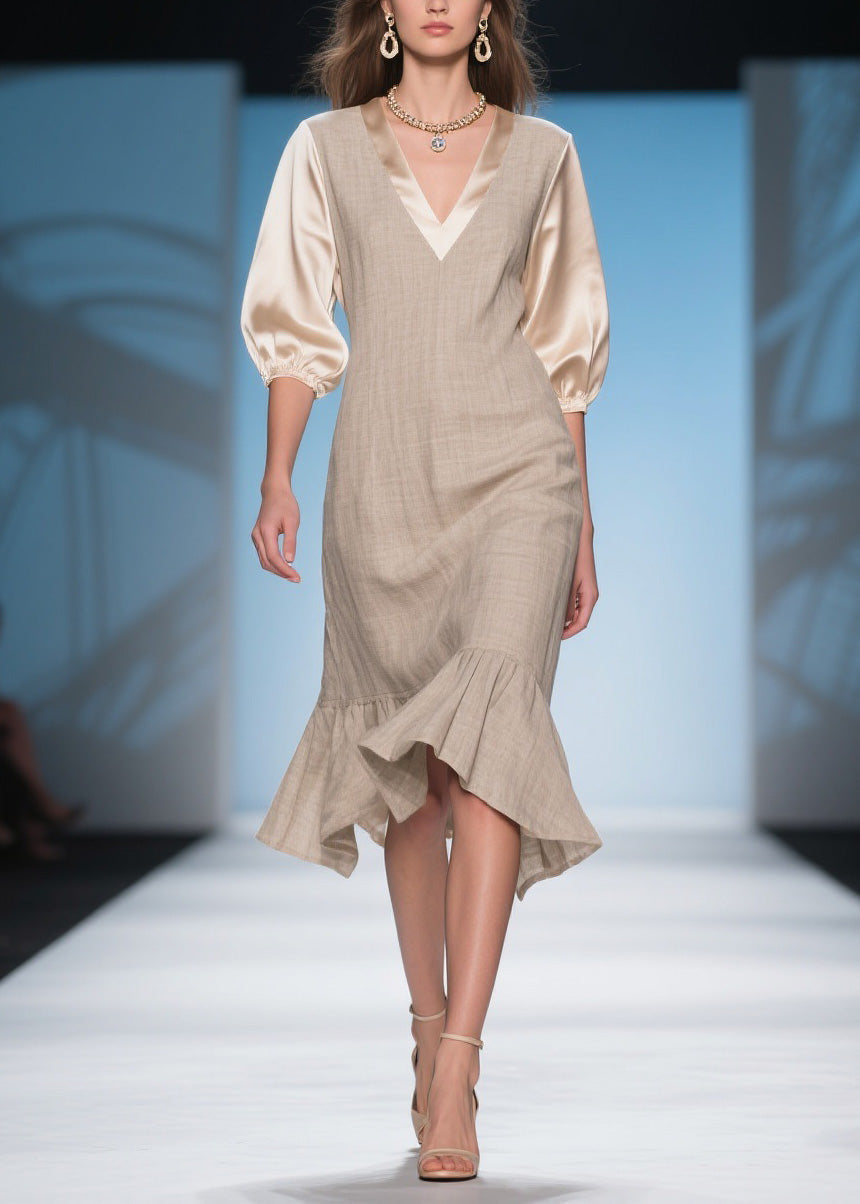Handmade V Neck Ruffled Patchwork Linen Silk Dress Summer