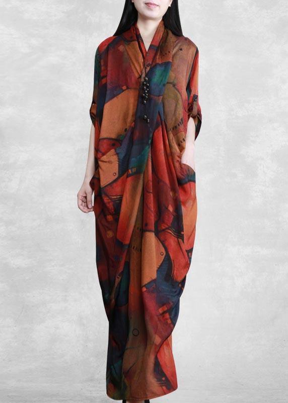 Handmade V Neck SpringC lothes Women Tutorials Print Robes Dress - SooLinen