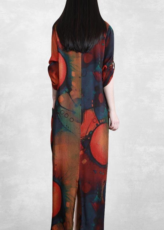 Handmade V Neck SpringC lothes Women Tutorials Print Robes Dress - SooLinen