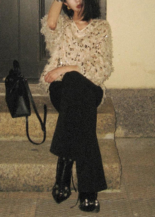 Suéteres de punto con lentejuelas y borlas con cuello en V hechos a mano para invierno