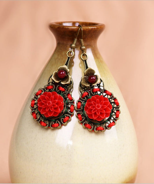 Pendientes colgantes vintage rojos con diseño de patchwork floral, hechos a mano