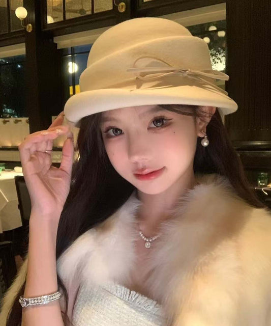 Handmade White Bow Cozy Warm Woolen Bucket Hat