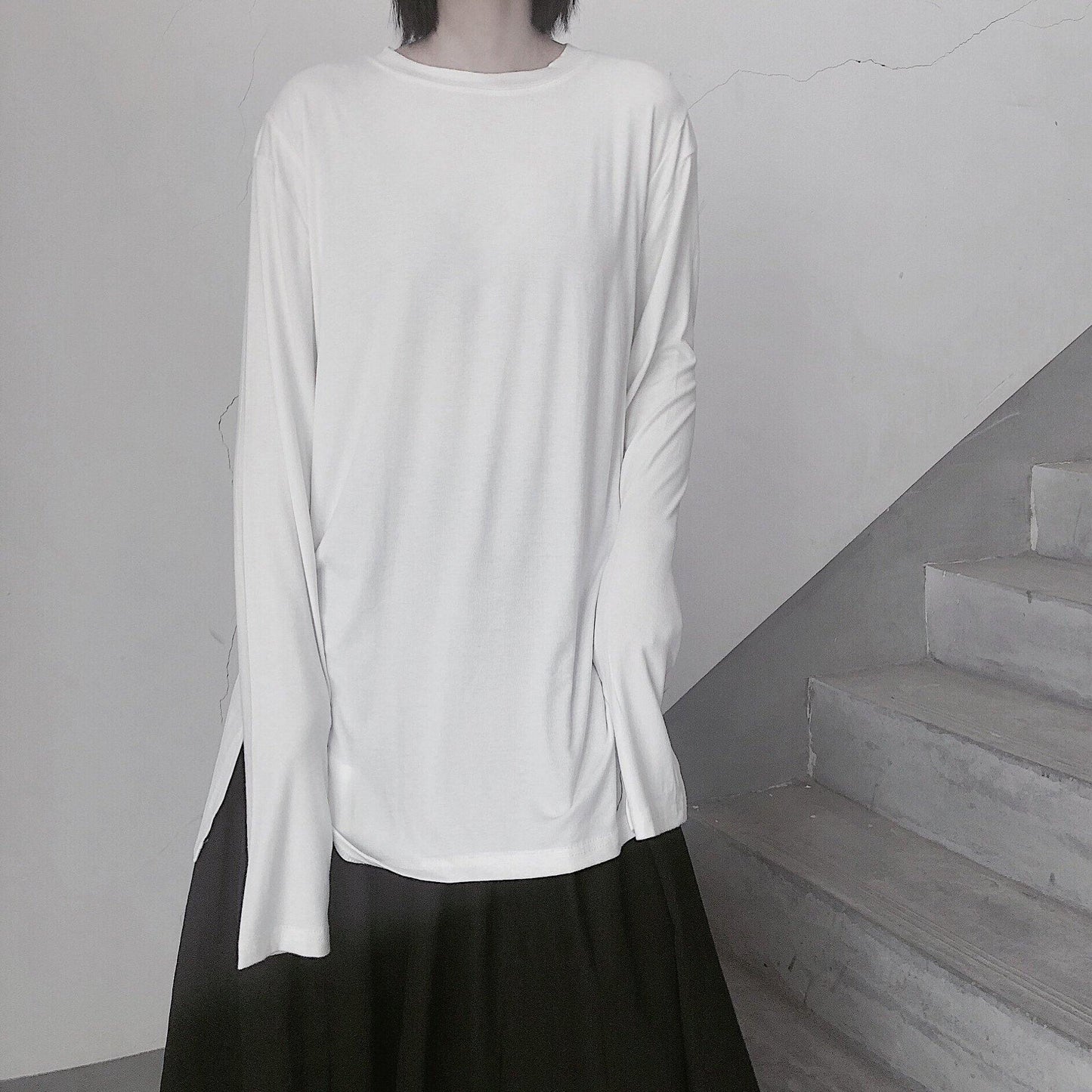 Handmade White Clothes For Women O Neck Side Open baggy Shirt - SooLinen