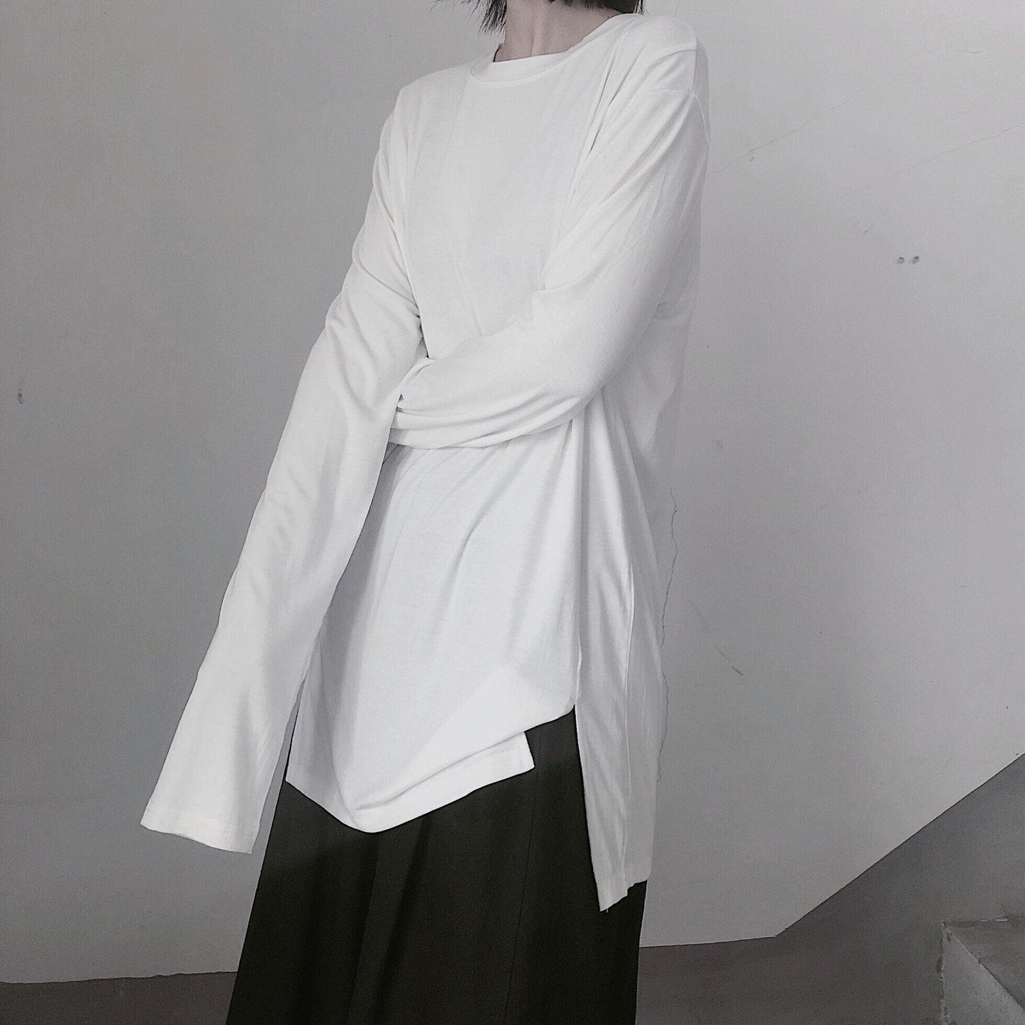 Handmade White Clothes For Women O Neck Side Open baggy Shirt - SooLinen