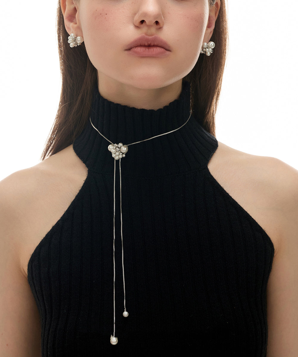 Handmade White Copper Overgild Zircon Pearl Retractable Sweaters Lariat Necklace